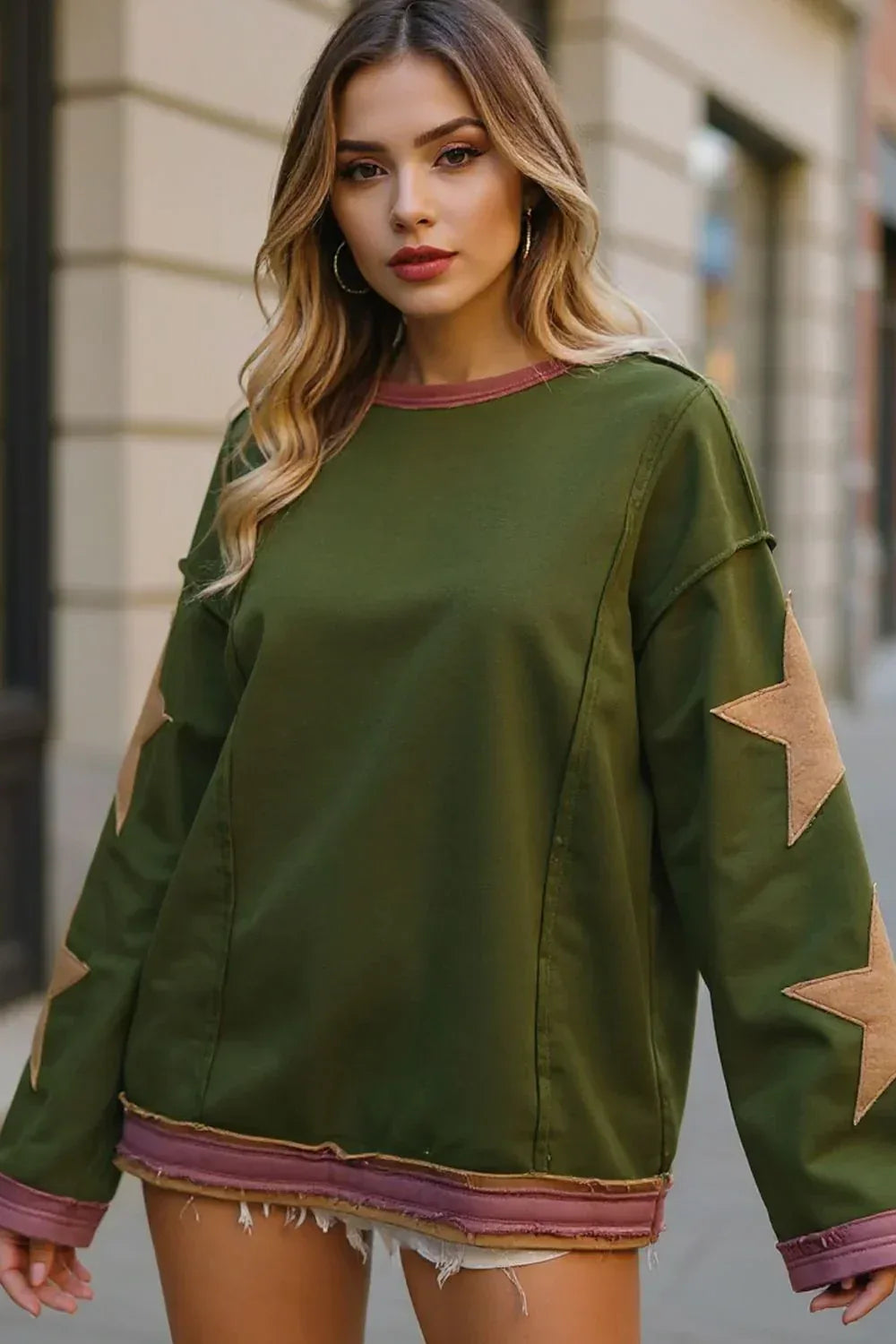 Double Take Star Patched Long Sleeve Sweatshirt - DAVERRI FASHIONS