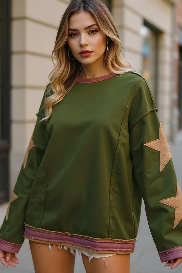 Double Take Star Patched Long Sleeve Sweatshirt Moss Sweatshirts