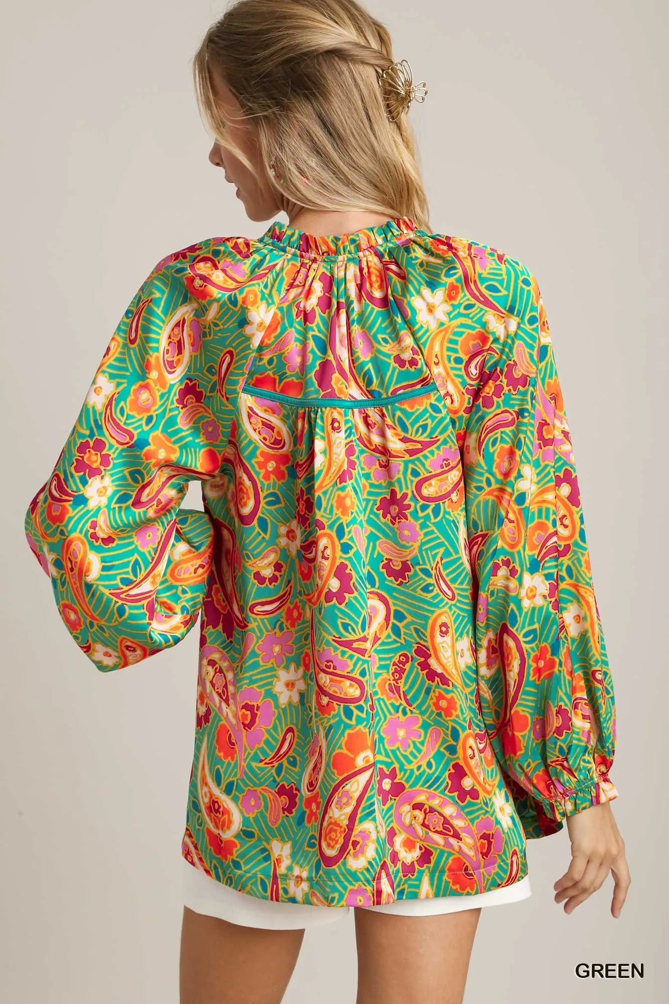 Umgee Satin Paisley Ruffle Neck Button-Up Shirt Blouses
