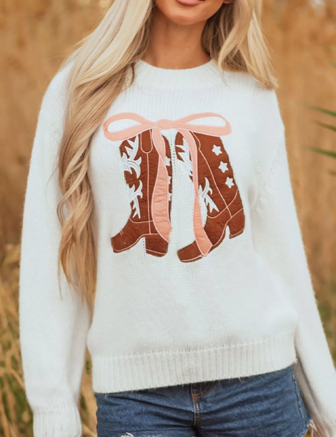 White Embroidered Bow Boots Graphic Drop Shoulder Sweater | Sweaters Daverri Fashions