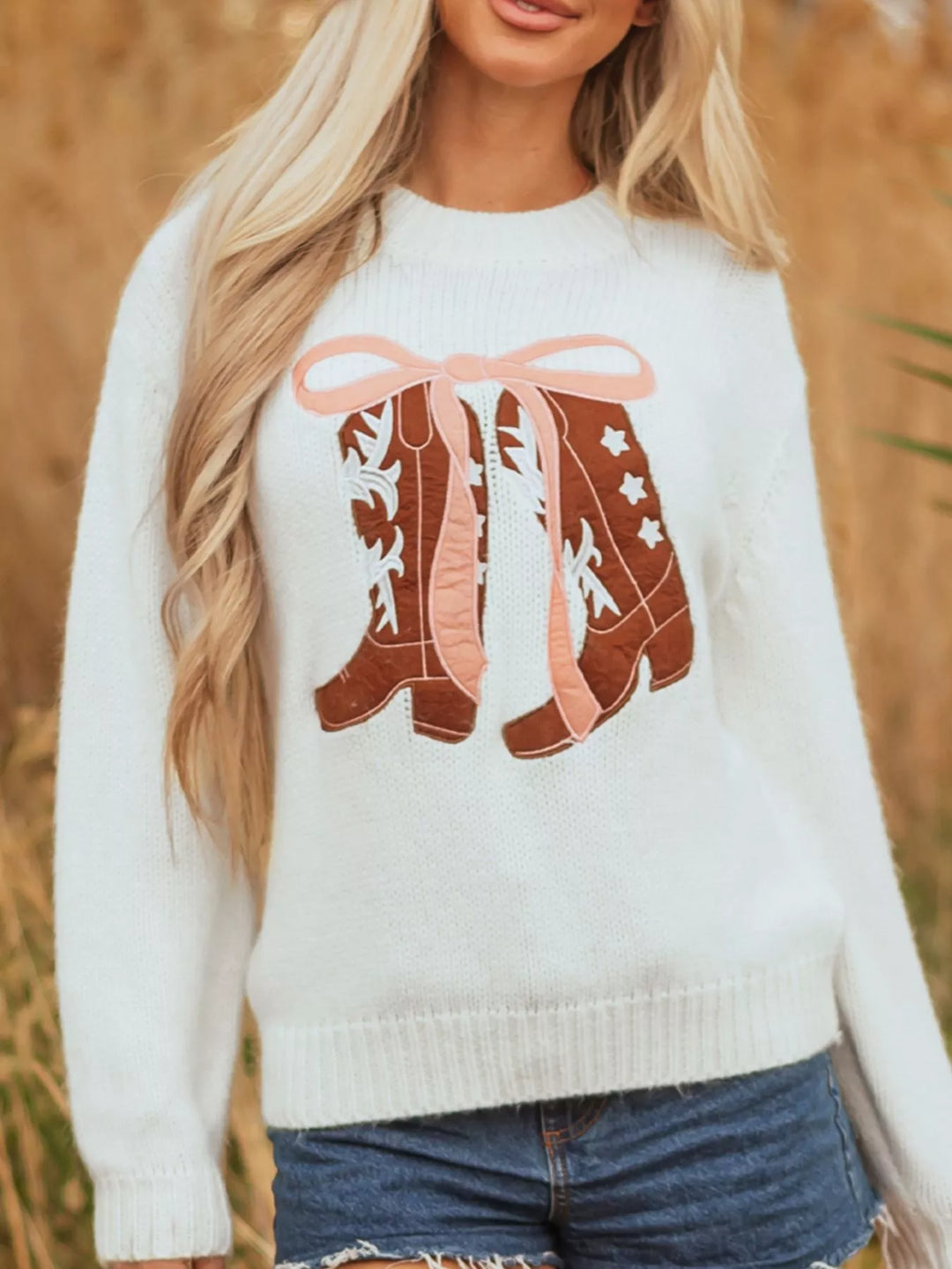 White Embroidered Bow Boots Graphic Drop Shoulder Sweater | Sweaters Daverri Fashions