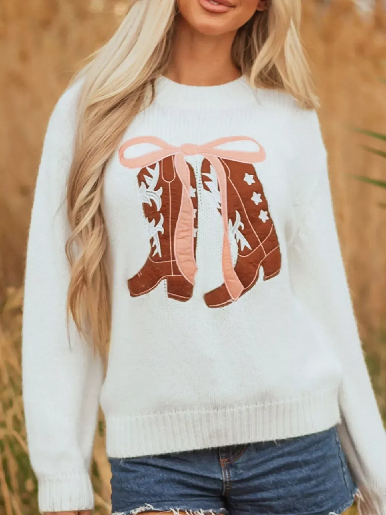 Embroidered Bow Boots Graphic Drop Shoulder Sweater - DAVERRI FASHIONS