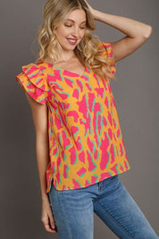 Umgee Full Size Abstract Print V-Neck Double Layer Ruffle Sleeve Blouse Plus Size Tangerine