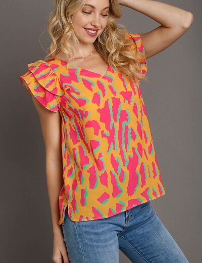 Umgee Full Size Abstract Print V-Neck Double Layer Ruffle Sleeve Blouse Plus Size Tangerine