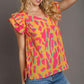 Umgee Full Size Abstract Print V-Neck Double Layer Ruffle Sleeve Blouse Plus Size Tangerine Blouses