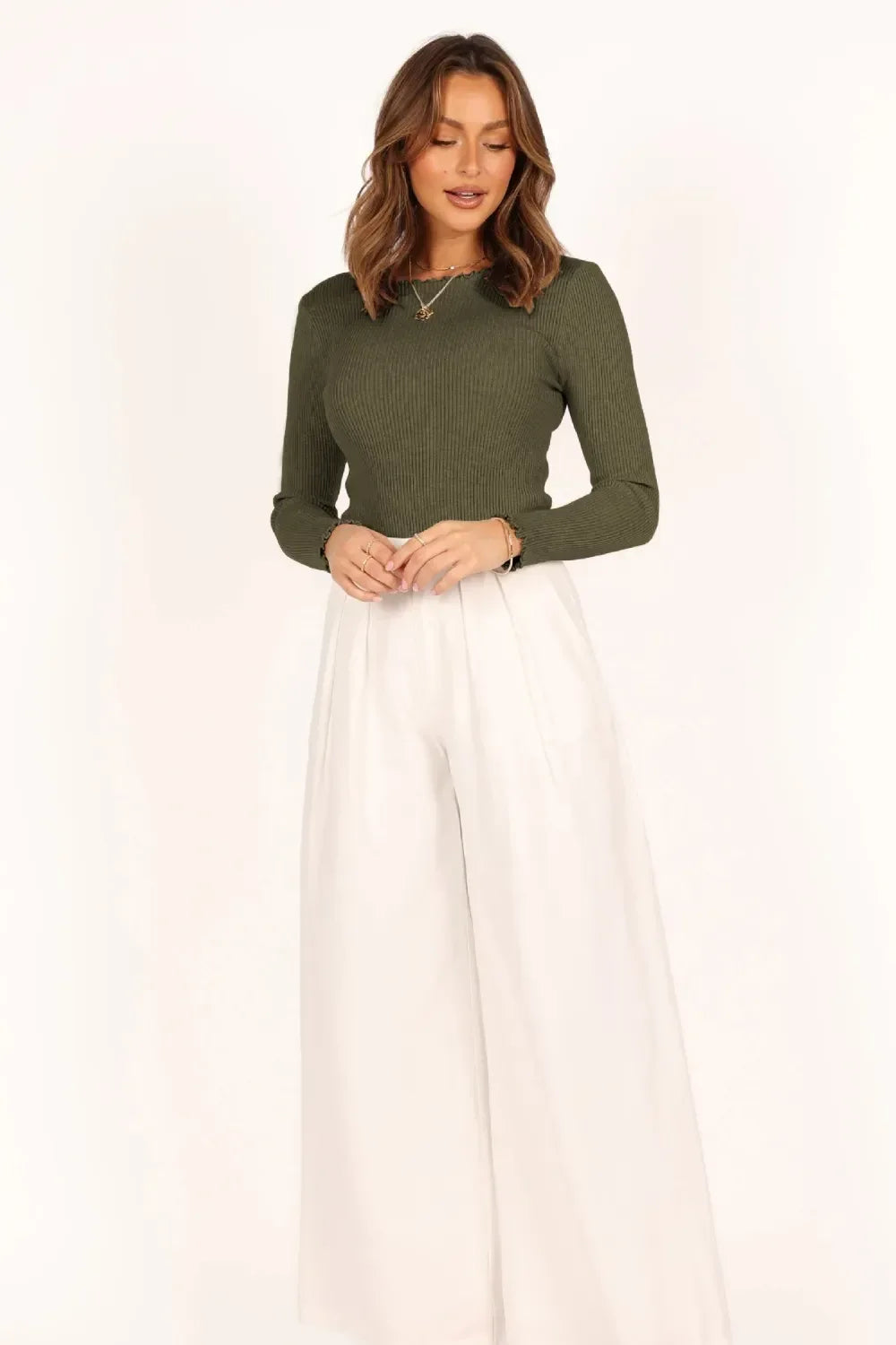 Lettuce Edge Round Neck Long Sleeve Top - DAVERRI FASHIONS