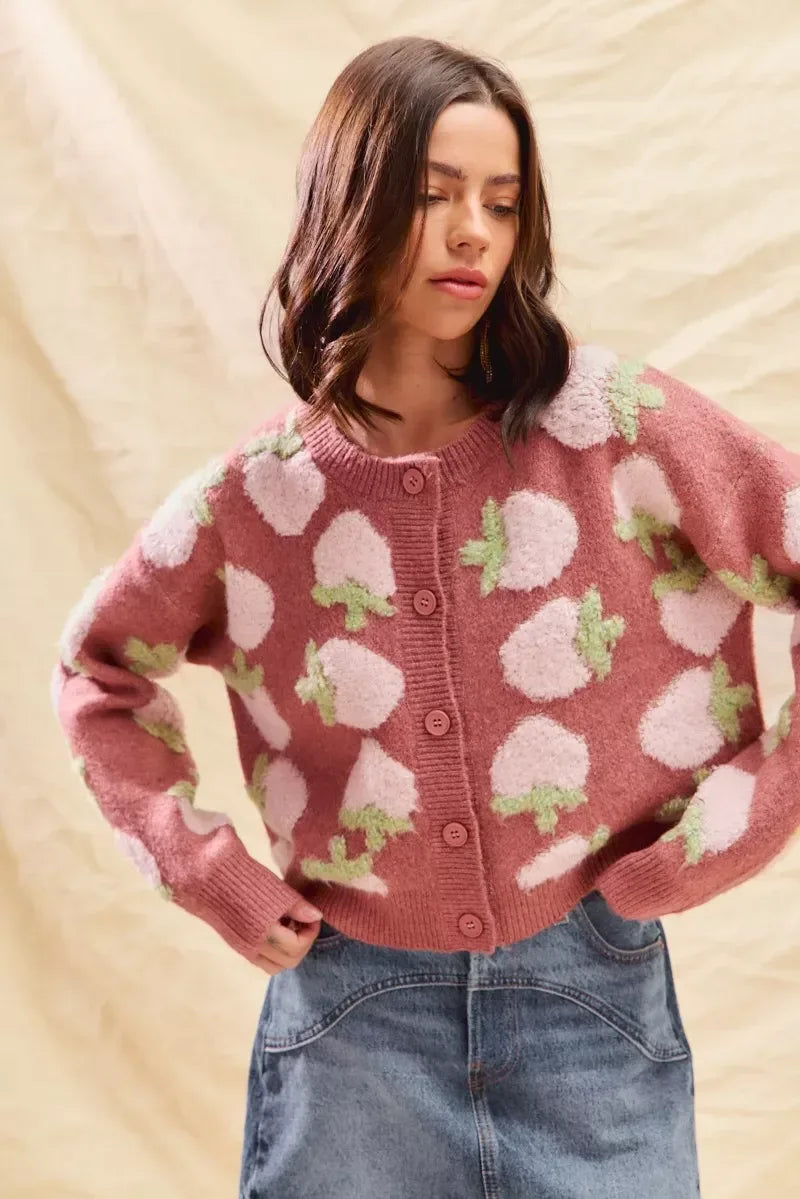 SO ME Strawberry Fruit All Over Button Sweater Cardigan - DAVERRI FASHIONS