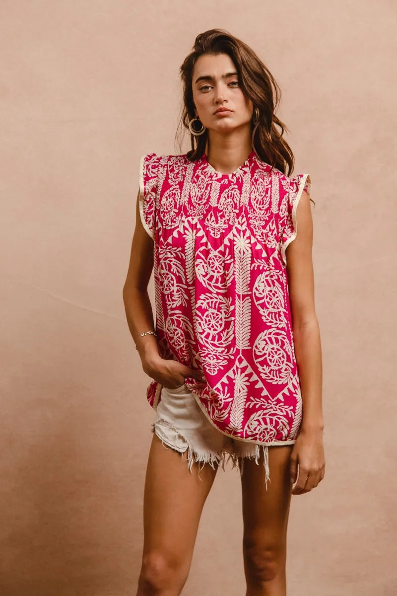 BiBi printed pink ruffle sleeve top with geometric patterns