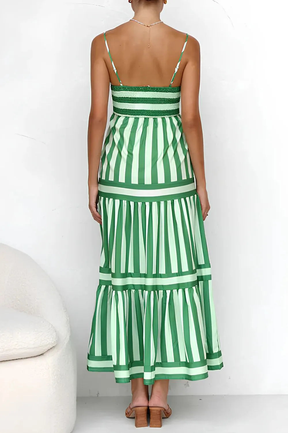 Daverri striped tiered maxi cami dress, green white vertical stripes