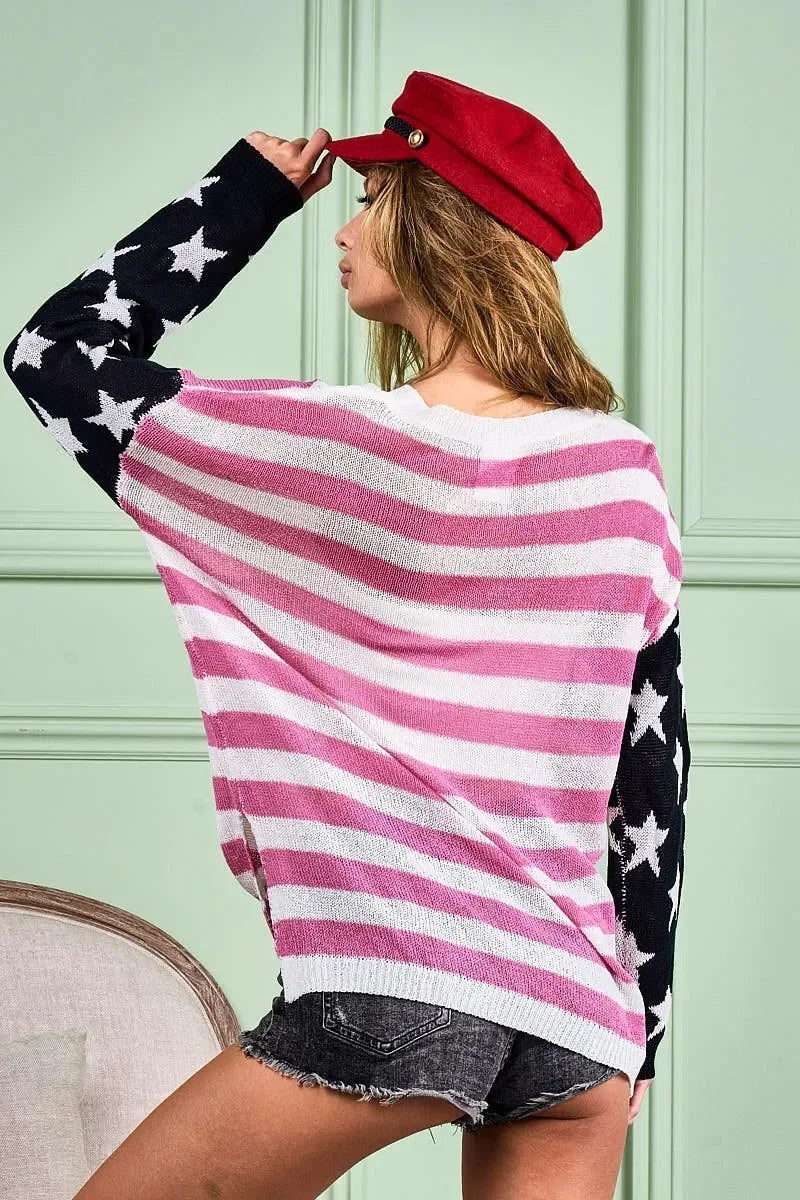 BiBi American Flag Low Gauge Knit Top - DAVERRI FASHIONS
