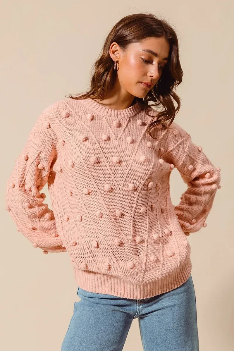 SO ME Pom Pom Textured Knit Sweater Top - DAVERRI FASHIONS