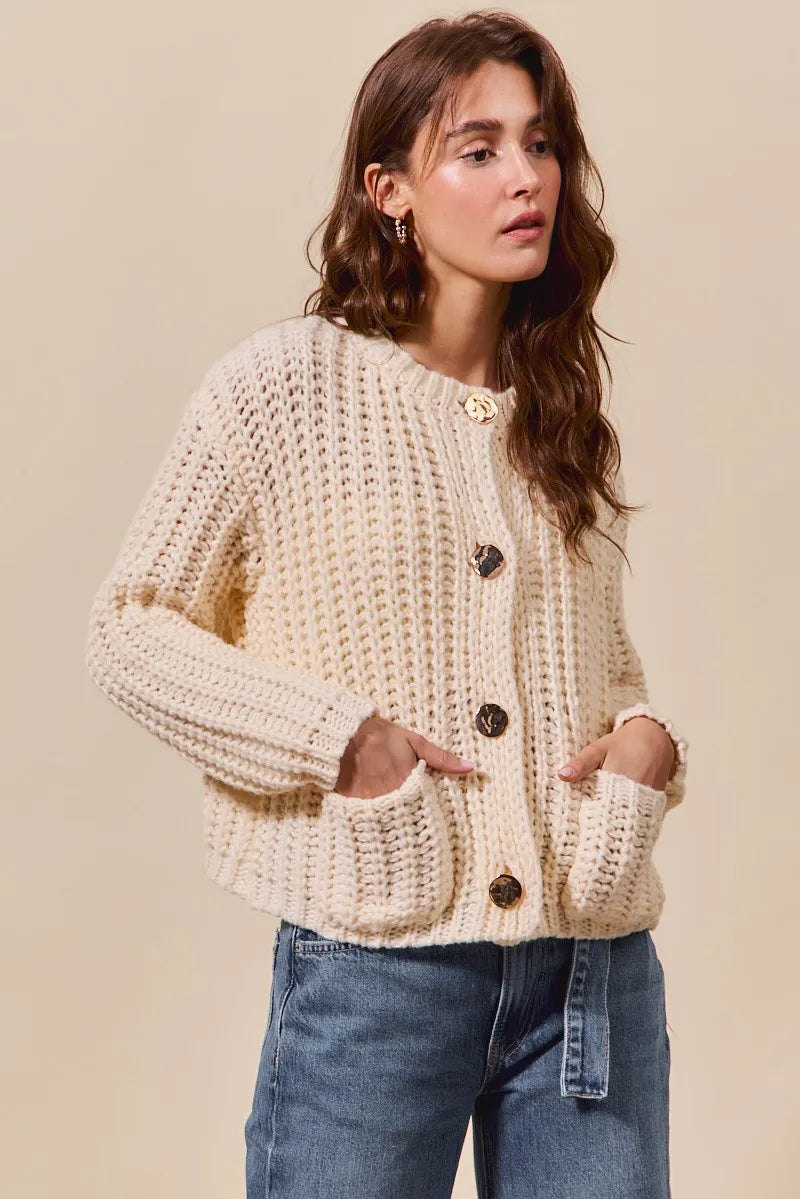 SO ME Metal Button Long Sleeve Chunky Sweater Cardigan Cardigans