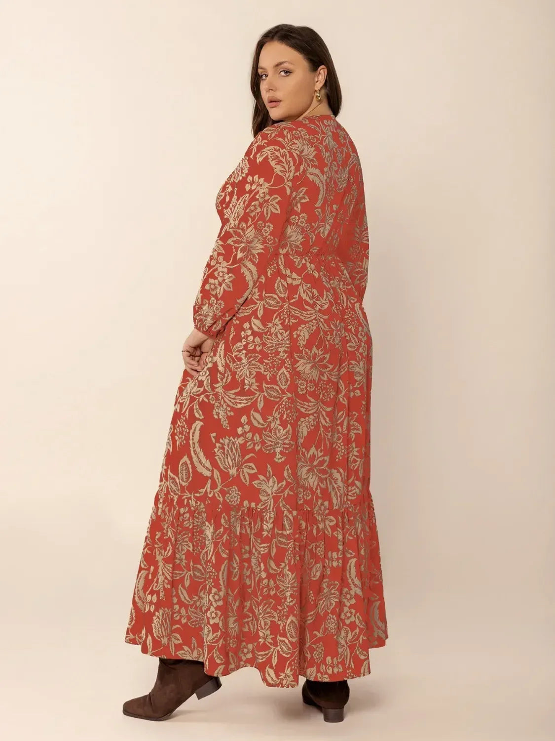 Plus Size Lace Detail Printed Balloon Sleeve Midi Dress - DAVERRI FASHIONS