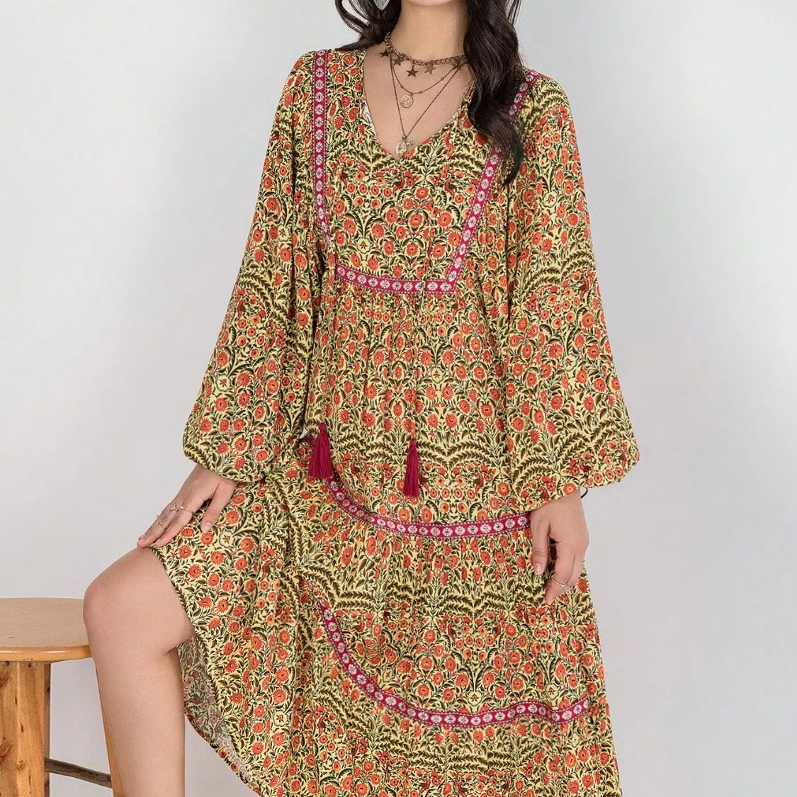 Floral Tiered Midi Dress with Balloon Sleeves | Midi Dresses Daverri Fashions