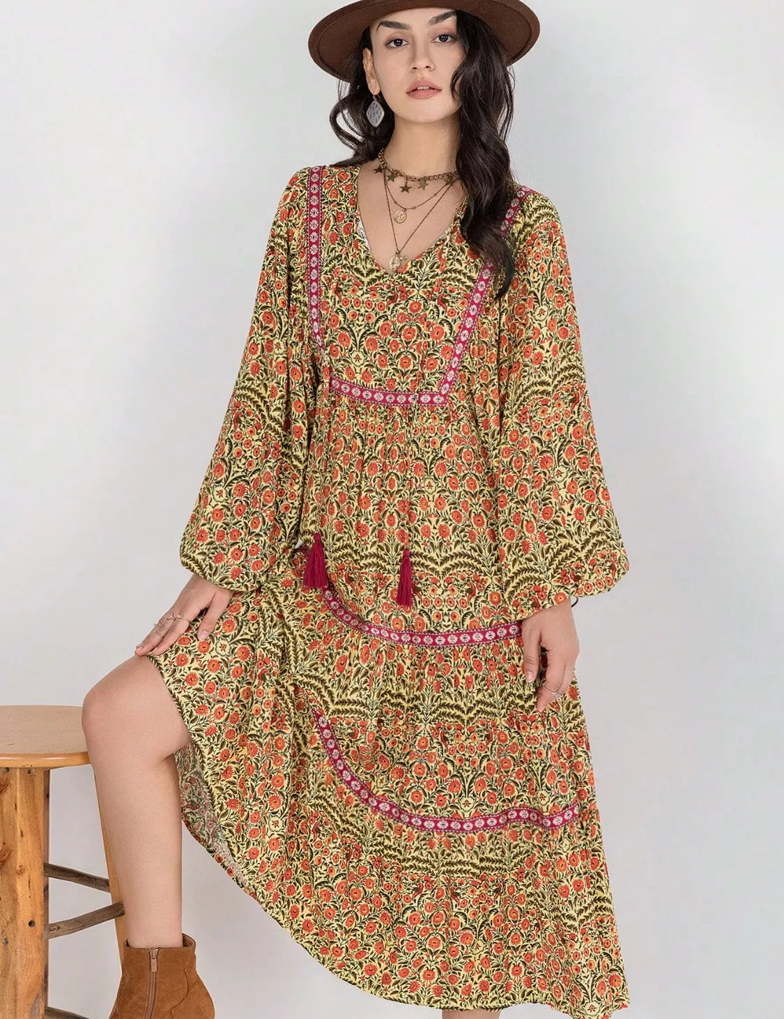 Floral Tiered Midi Dress with Balloon Sleeves | Midi Dresses Daverri Fashions