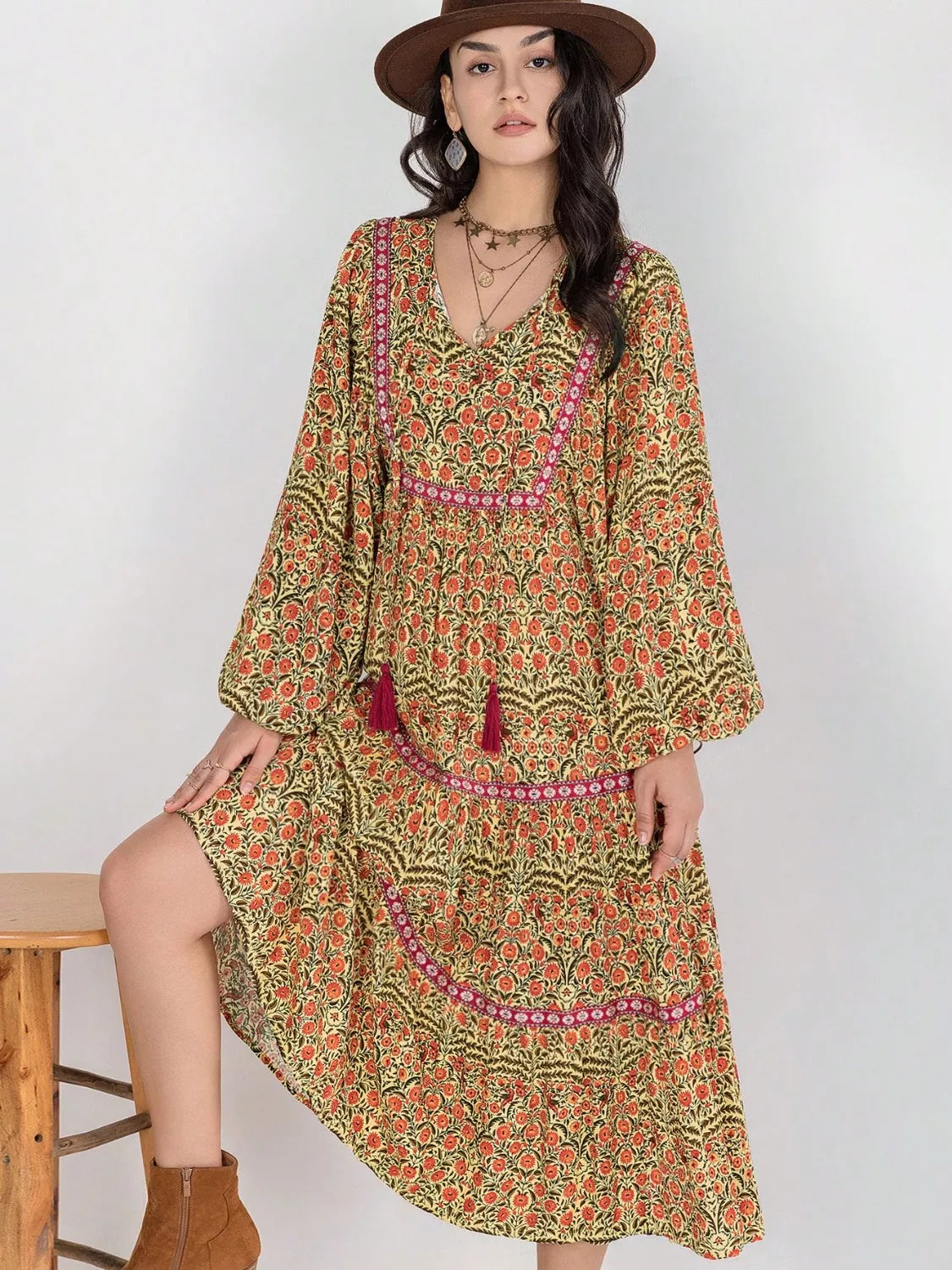 Floral Tiered Midi Dress with Balloon Sleeves | Midi Dresses Daverri Fashions