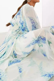Floral print bohemian maxi dress with balloon sleeves and blue patterns