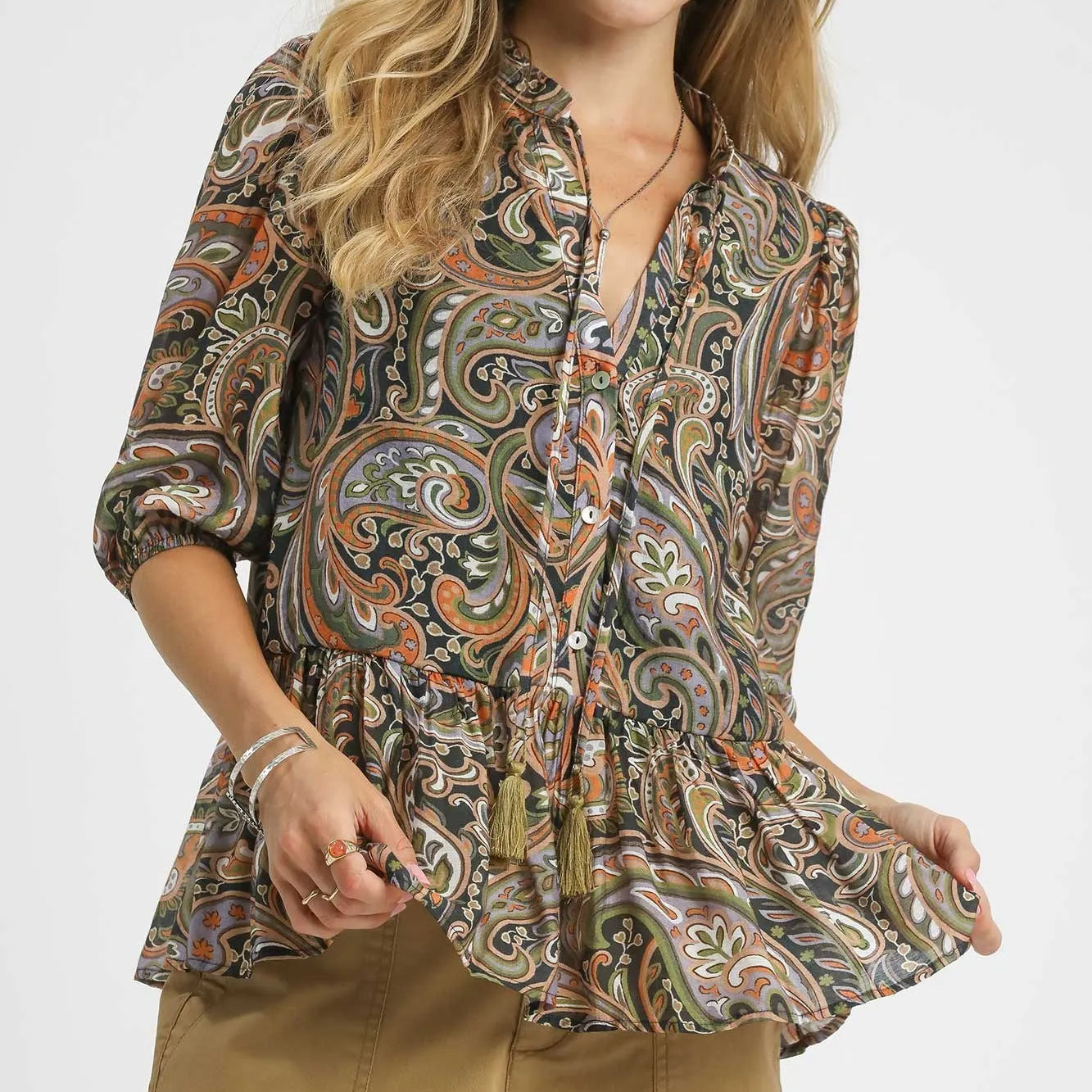 GREEN ORANGE Umgee Paisley Print Peplum Blouse | Blouses Daverri Fashions