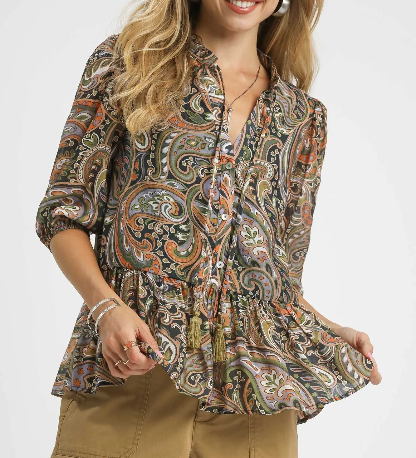 GREEN ORANGE Umgee Paisley Print Peplum Blouse | Blouses Daverri Fashions
