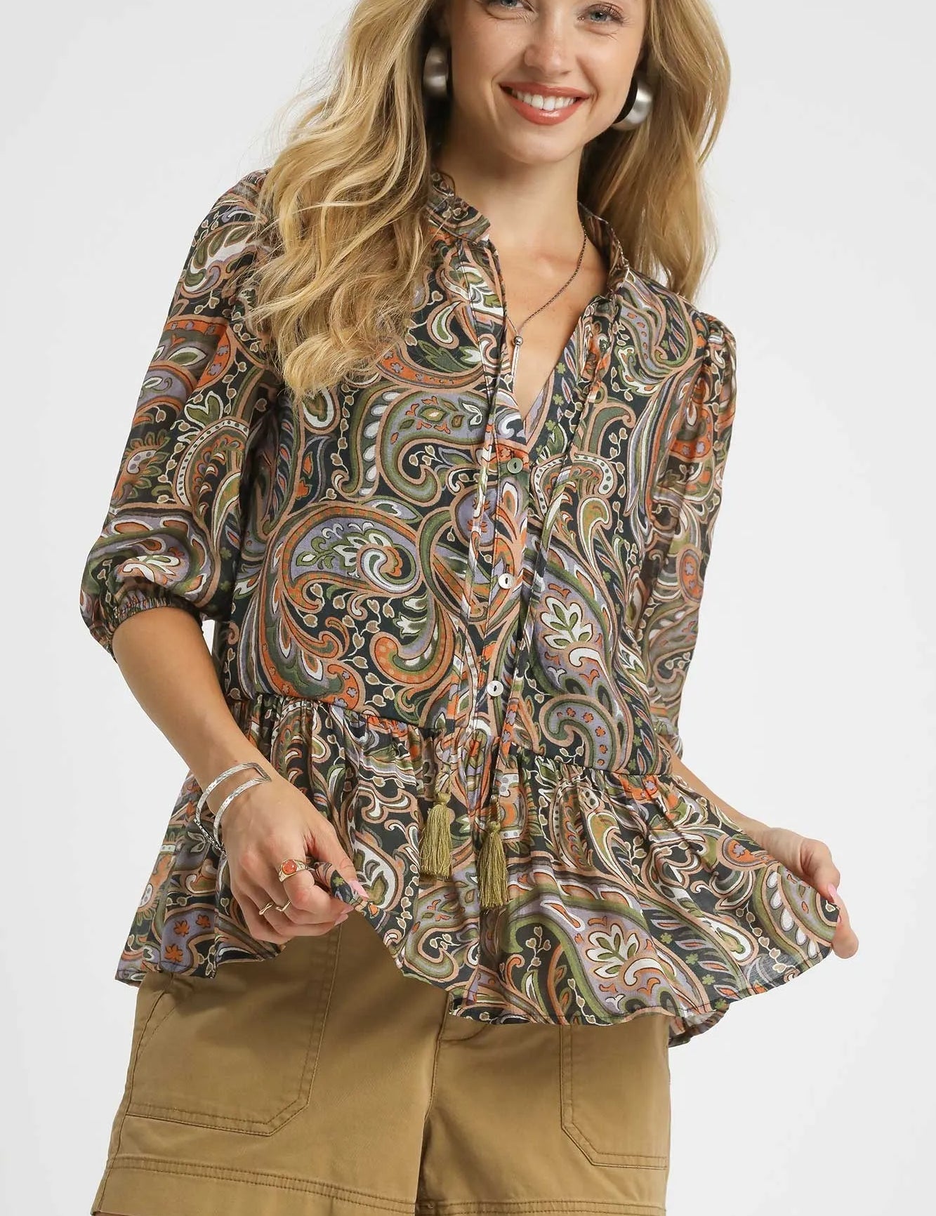 GREEN ORANGE Umgee Paisley Print Peplum Blouse | Blouses Daverri Fashions