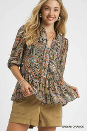 GREEN ORANGE Umgee Paisley Print Peplum Blouse | Blouses Daverri Fashions