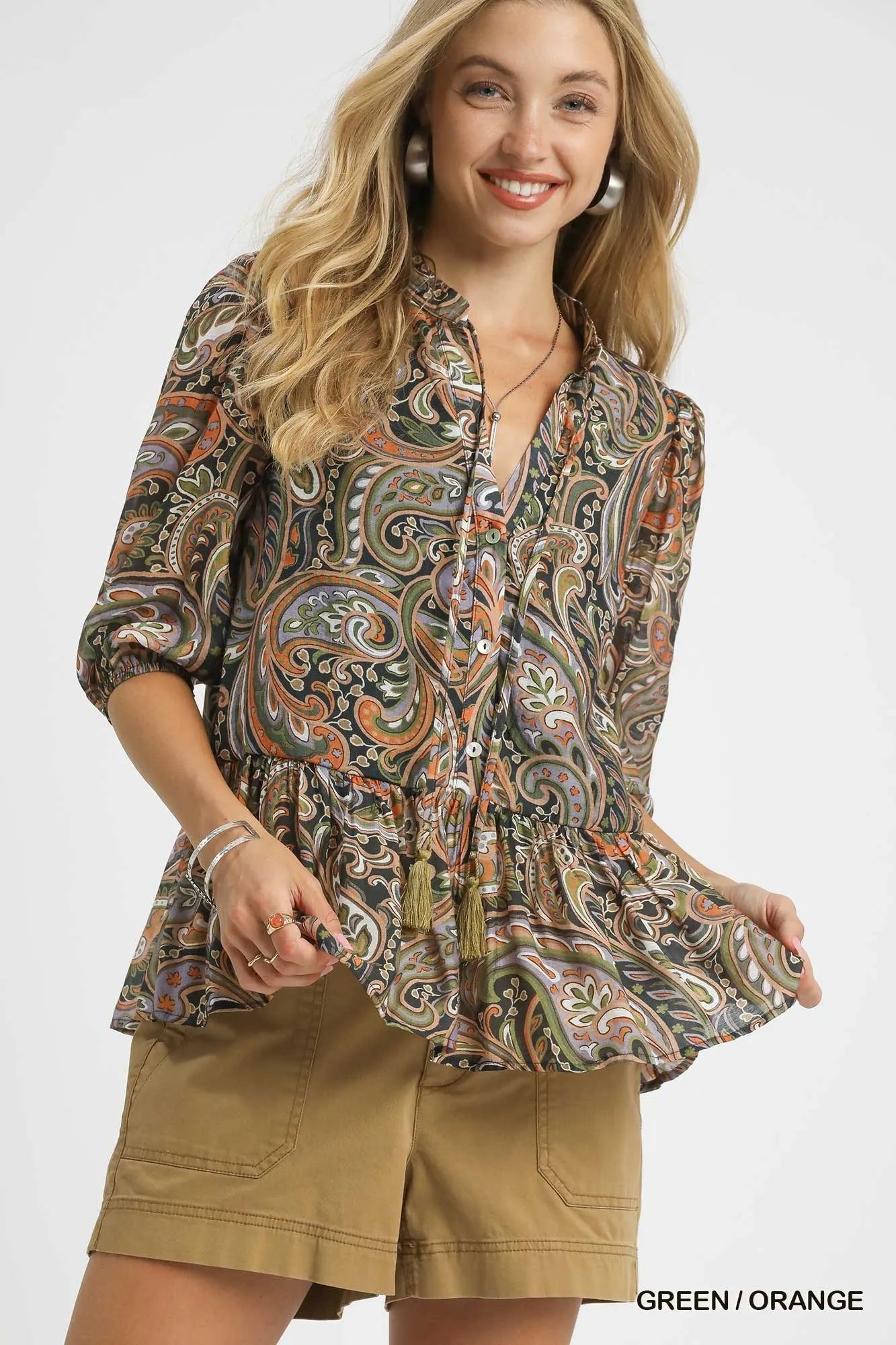 Umgee Paisley Print Peplum Blouse GREEN ORANGE Blouses