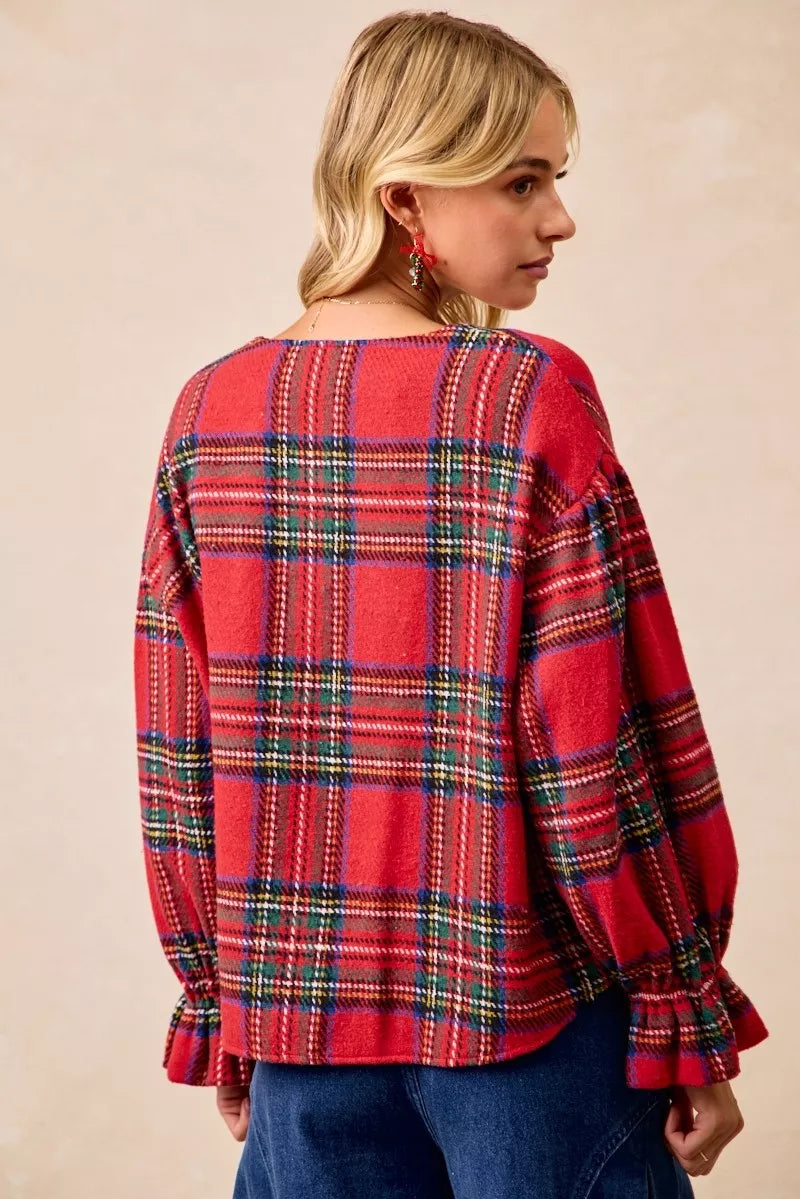 BiBi Christmas Plaid V-Neck Flounce Sleeve Jacket | Jackets Daverri Fashions