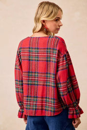 BiBi Christmas Plaid V-Neck Flounce Sleeve Jacket | Jackets Daverri Fashions
