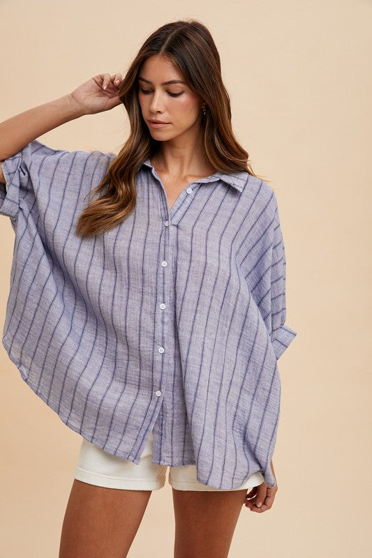 Annie Wear Striped Button Up Half Sleeve Shirt Dusty Blue Tops