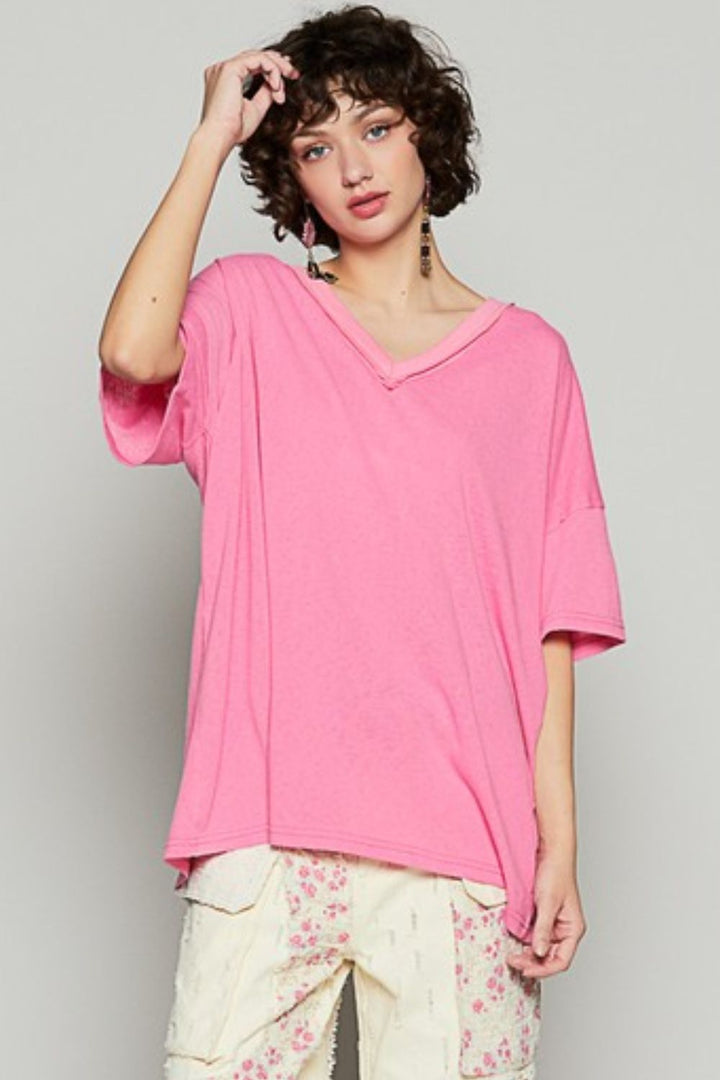 POL V-Neck Half Sleeve T-Shirt Barbie Pink T-Shirts