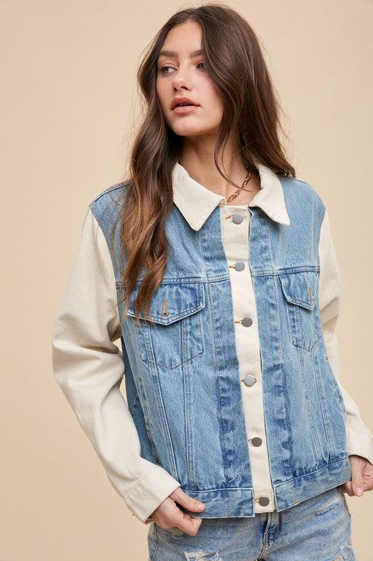 Annie Wear Collared Neck Double Placket Denim Jacket - DAVERRI FASHIONS