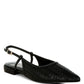 Black woven leather slingback flat shoe with pointed toe and gold buckle