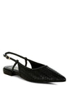 Black woven leather slingback flat shoe with pointed toe and gold buckle