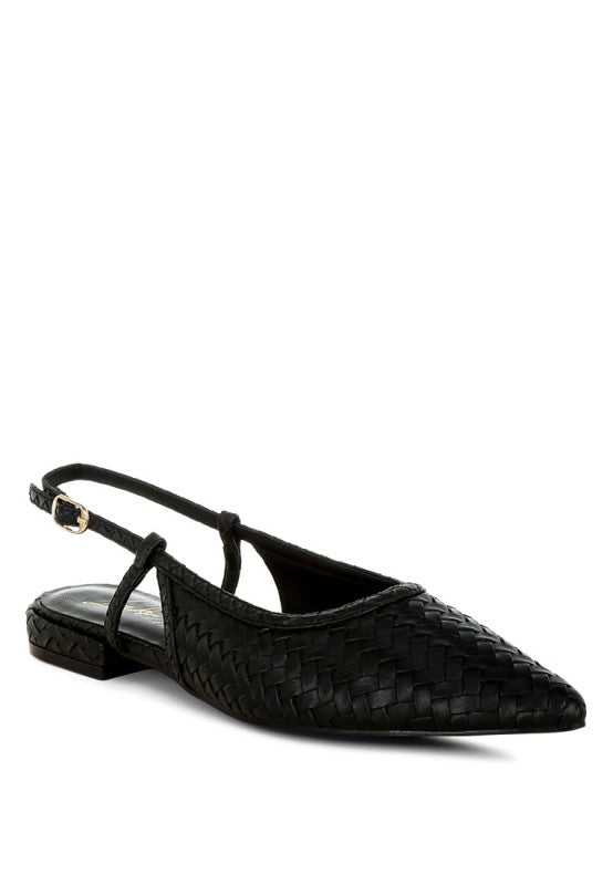 Black woven leather slingback flat shoe with pointed toe and gold buckle