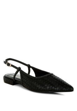 Black woven leather slingback flat shoe with pointed toe and gold buckle