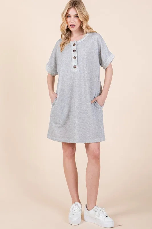 BOMBOM Casual Contrast Trim Henley Dress GREY