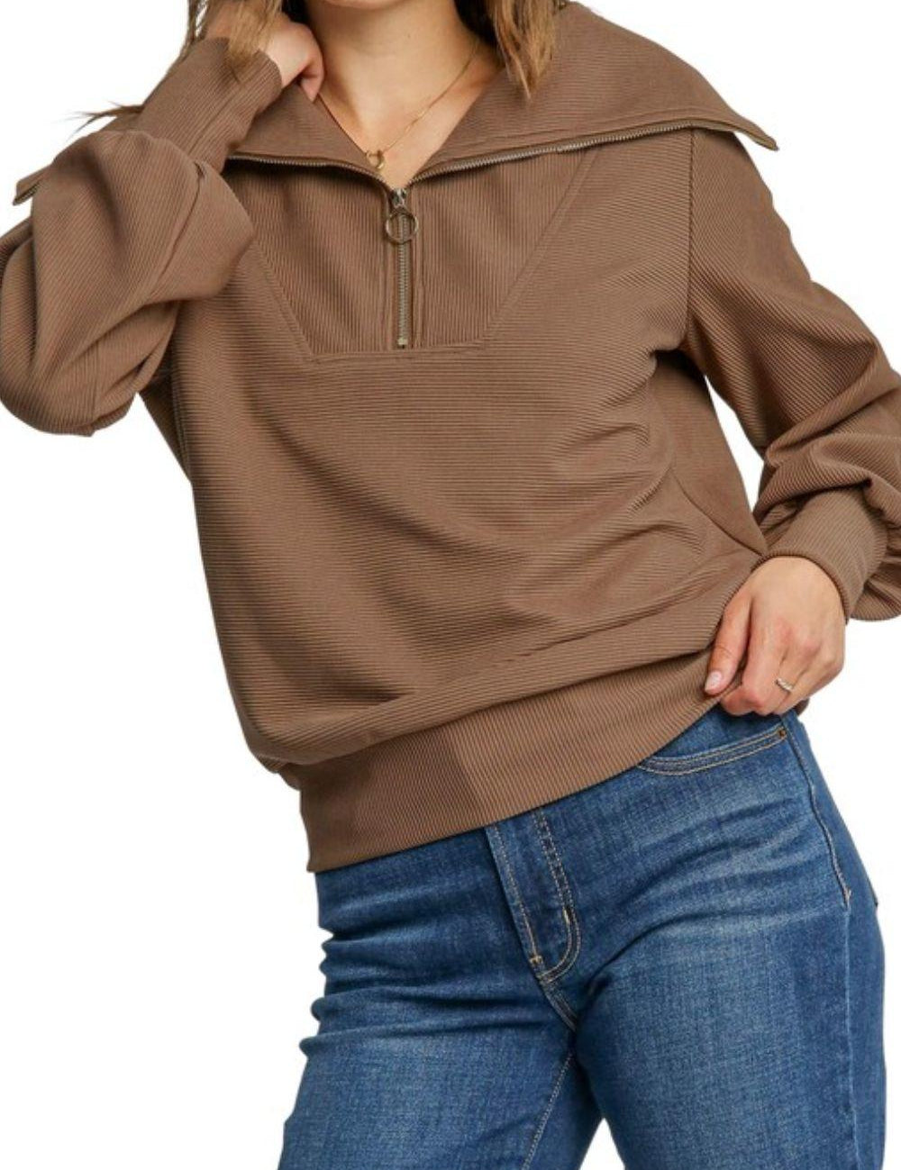 Umgee Full Size Ribbed Knit Half Zipper Sweatshirt Plus Size | Sweatshirts Daverri Fashions
