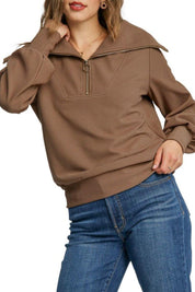 Umgee Full Size Ribbed Knit Half Zipper Sweatshirt Plus Size | Sweatshirts Daverri Fashions