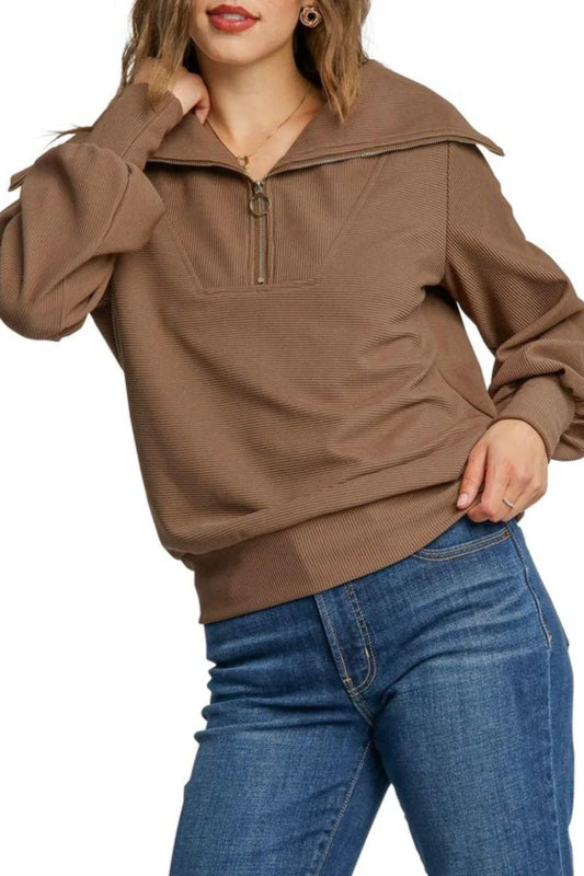 Umgee Full Size Ribbed Knit Half Zipper Sweatshirt Plus Size - DAVERRI FASHIONS