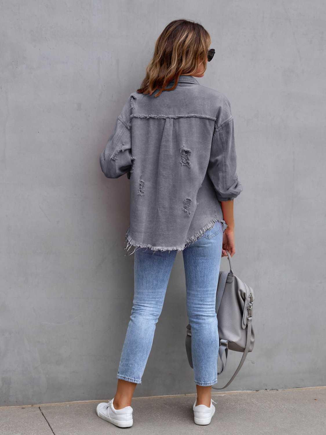 Distressed Drop Shoulder Denim Jacket - DAVERRI FASHIONS