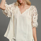 Umgee Full Size French Terry Boxy Cut Top with 3D Floral Sleeve OATMEAL Blouses