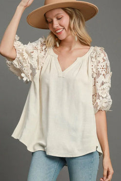 Umgee French Terry Boxy Cut Top with 3D Floral Sleeve Oatmeal - DAVERRI FASHIONS