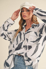 Aemi + Co High-Low Printed Button Up Long Sleeve Shirt | Daverri Fashions