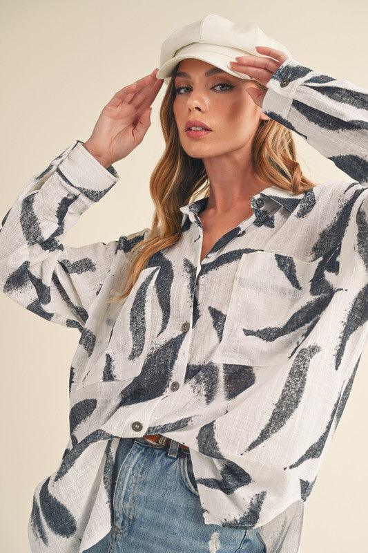 Aemi + Co High-Low Printed Button Up Long Sleeve Shirt | Daverri Fashions