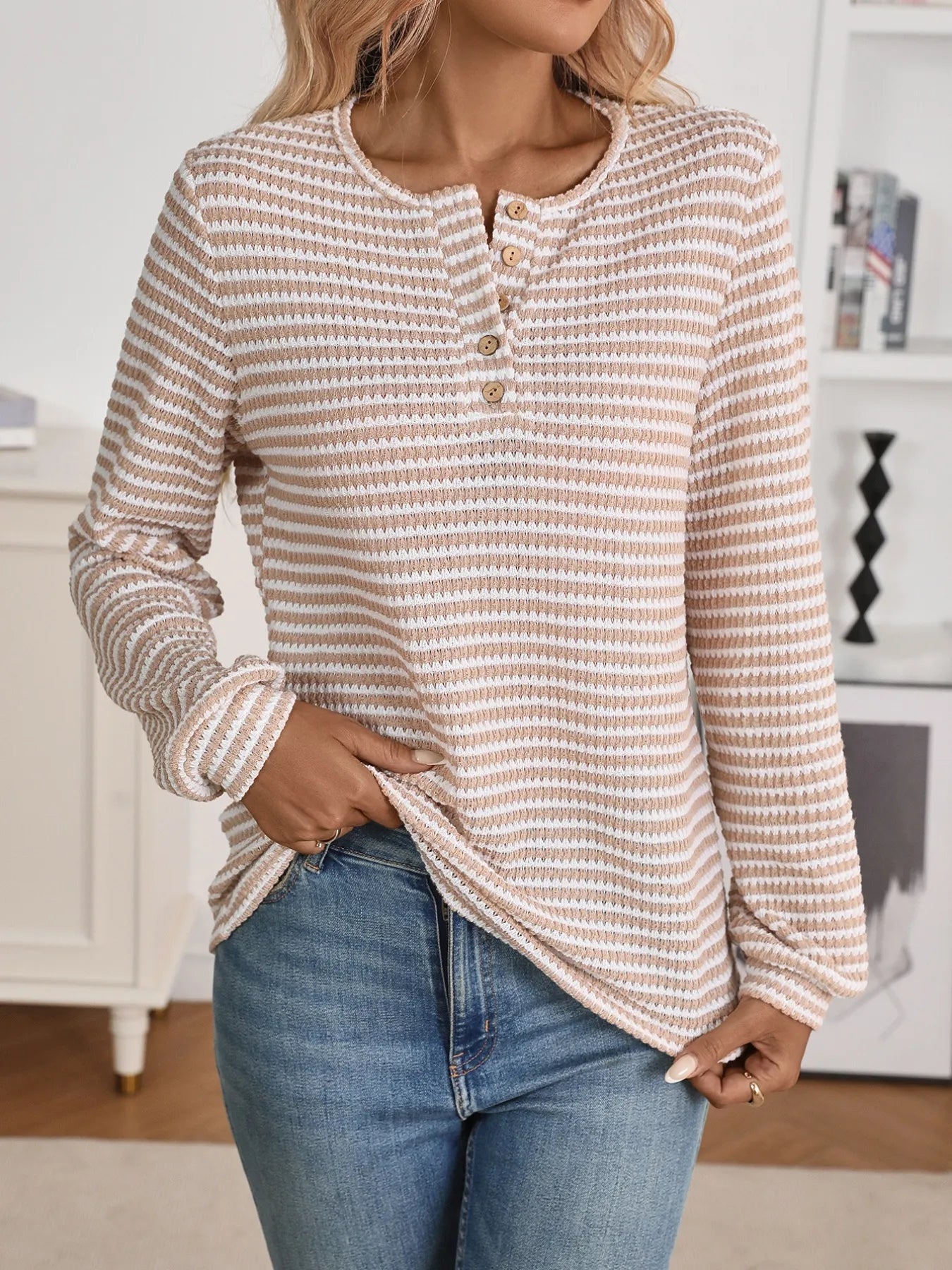 Daverri Fashions beige and white striped long sleeve henley top