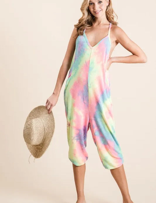 PASTEL TIEDYE BiBi Tie Dye French Terry Mid-Length Casual Jumpsuit | Jumpsuits Daverri Fashions