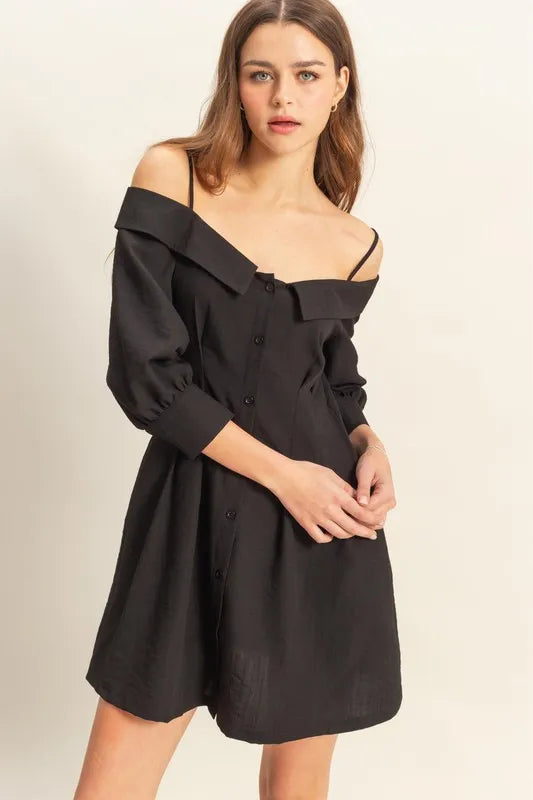 Black S HYFVE Button Down Spaghetti Strap Mini Dress with Pockets | Mini Dresses Daverri Fashions