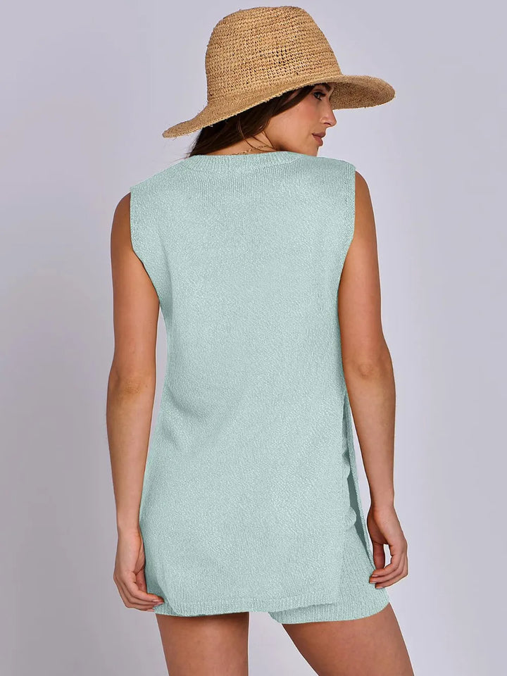 Side Slit Round Neck Tank and Ribbed Shorts Sweater Set | Outfit Sets Daverri Fashions