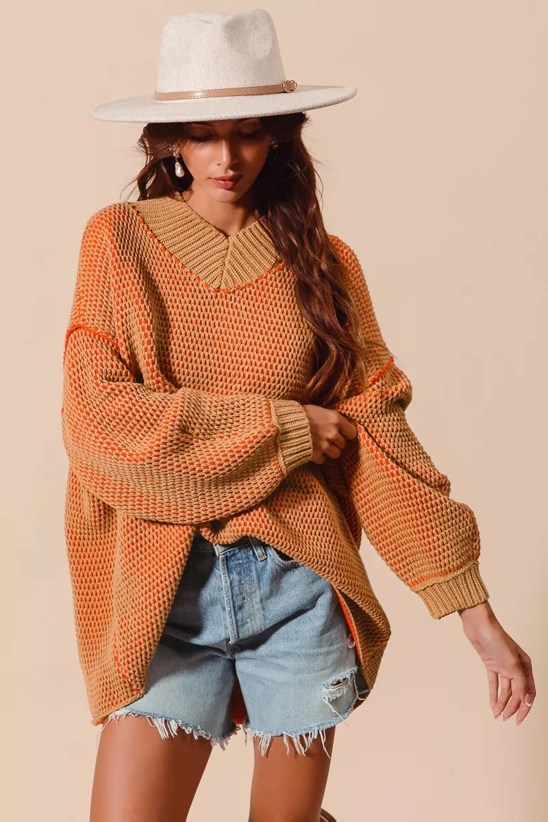 SO ME Oversized Two Tone Textured V Neck Sweater | Sweaters Daverri Fashions