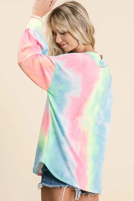 BiBi Tie Dye French Terry V-Neck Top with Puff Sleeves Tops